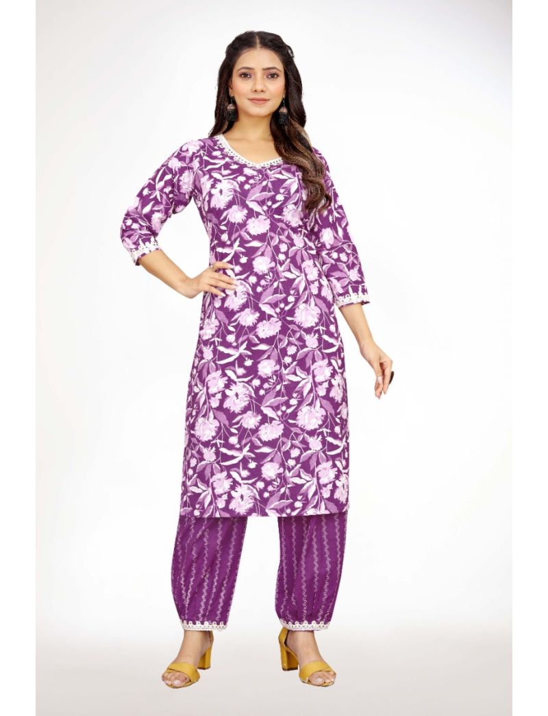 Purple jaipur cotton straight cut v-neck kurti pant