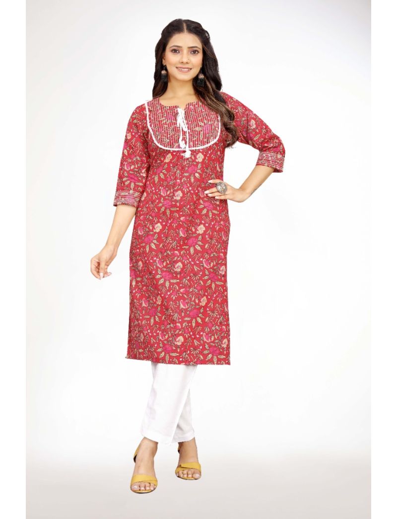 Red jaipur cotton straight cut with yoke & dori kurti pant