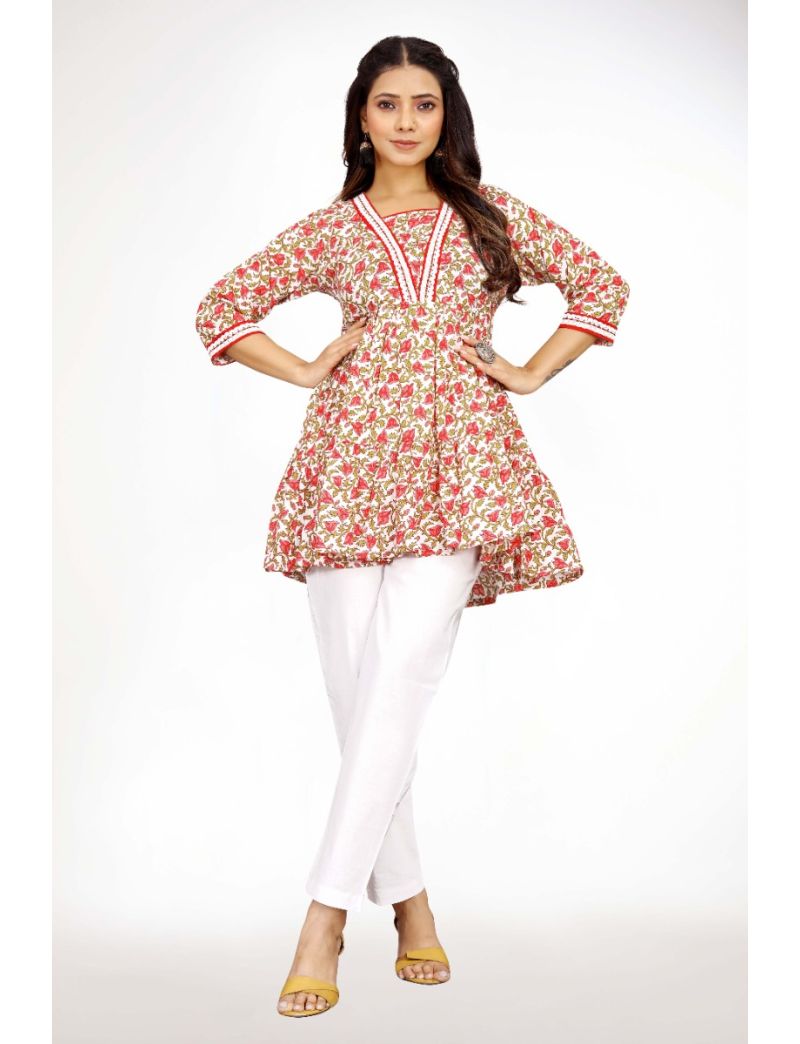 Red jaipur cotton straight short top with sqaure neckline