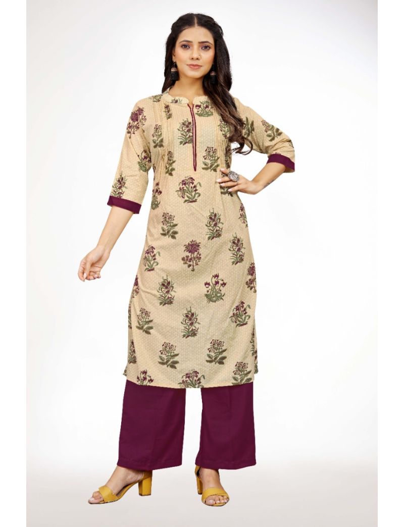 Cream rayon straight with stand collar kurti pant