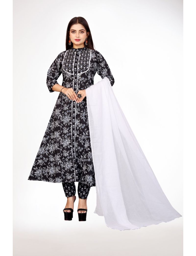Black jaipur cotton anarkali kurti pant with dupatta