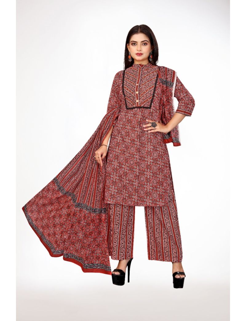 Maroon jaipur cotton straight kurti pant with dupatta