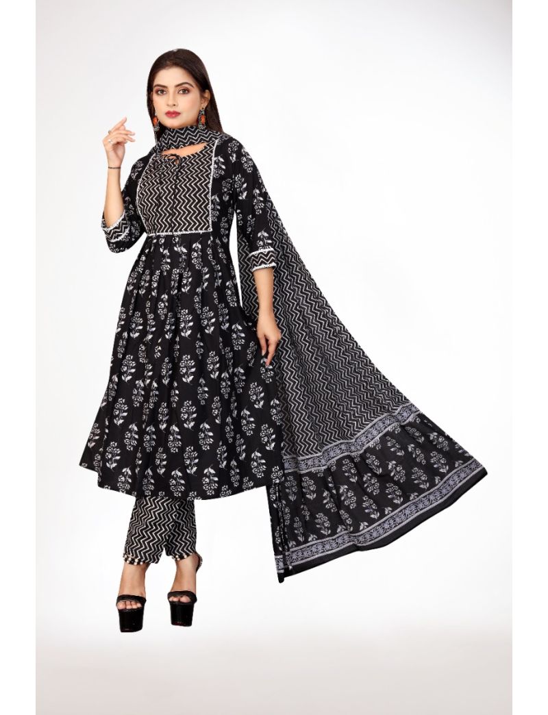 Black jaipur cotton anarkali kurti pant with dupatta floral print