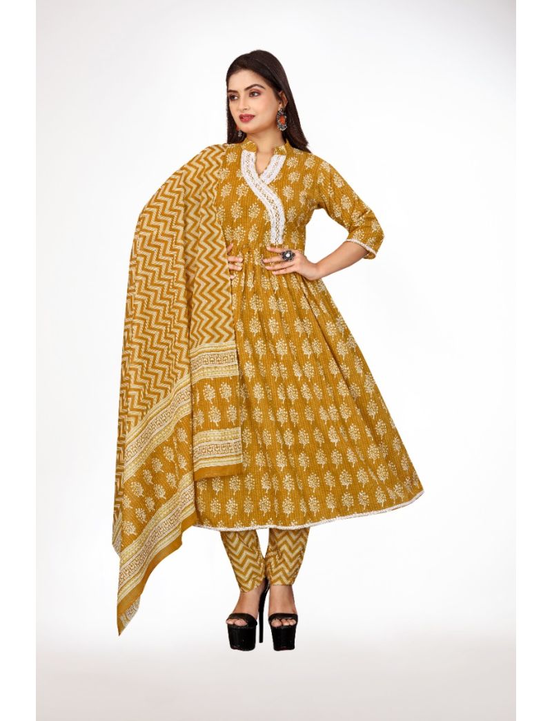 Yellow jaipur cotton anarkali kurti pant with dupatta