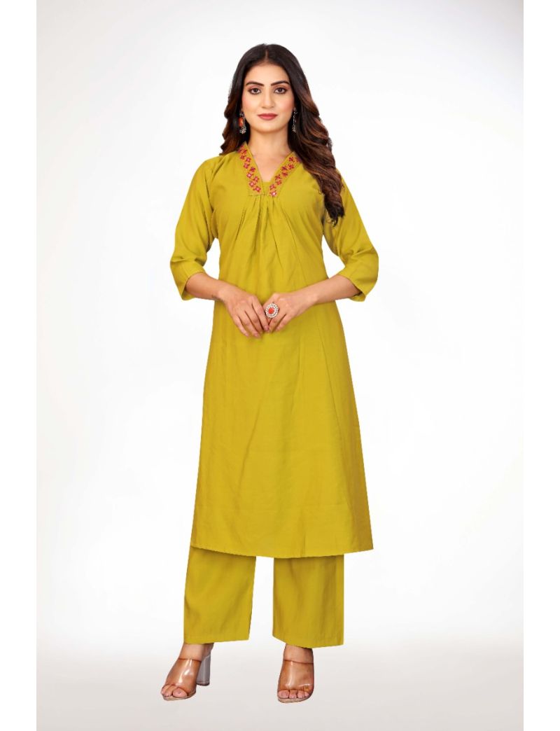 Green straight cut kurti pant with hand embroidery 