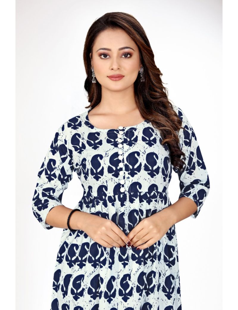 White & Blue Anarkali Round Neck Kurti