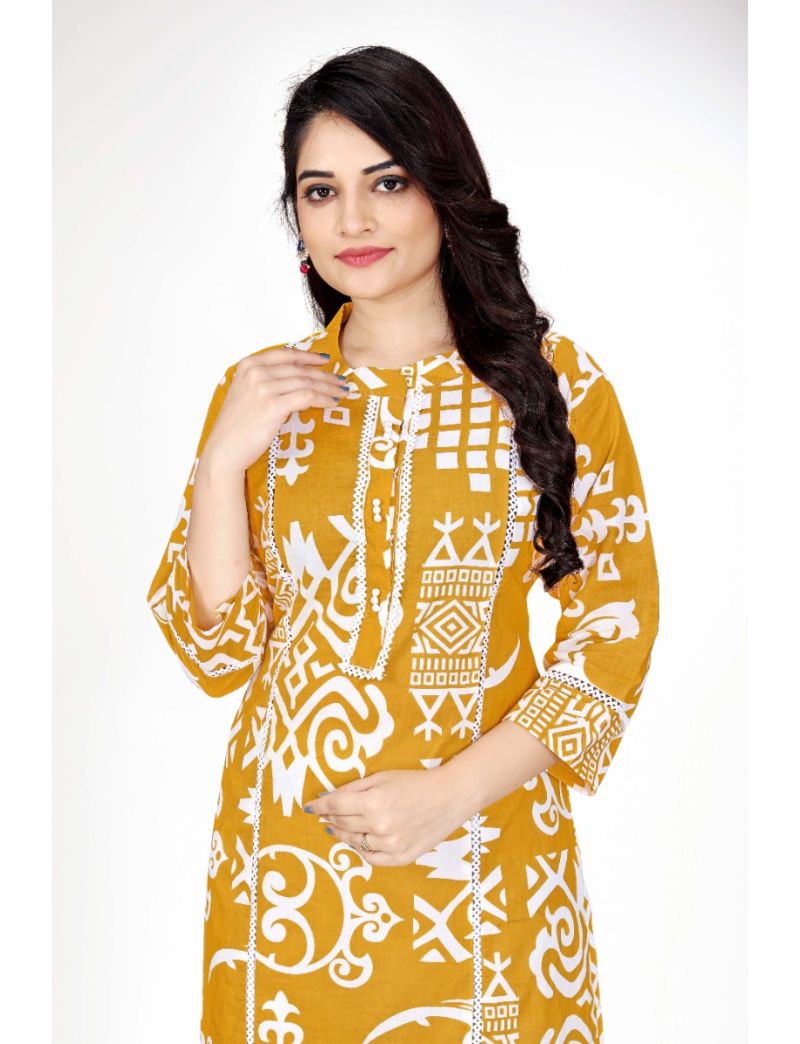 Yellow Straight Cut With Stand Collar Kurti Plazo