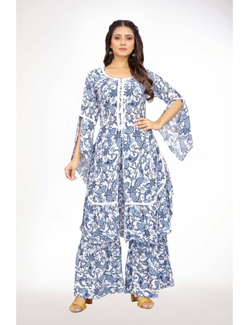 Blue Bell Sleeve With Round Neck Kurti Plazo