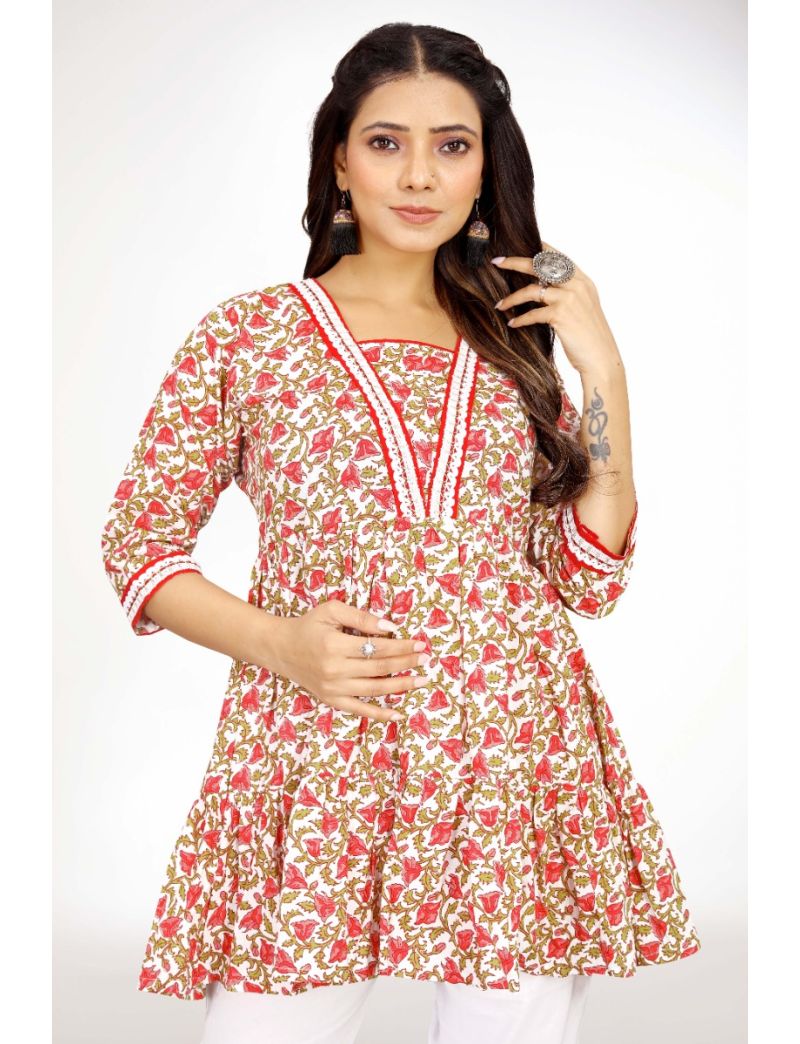 Red jaipur cotton straight short top with sqaure neckline