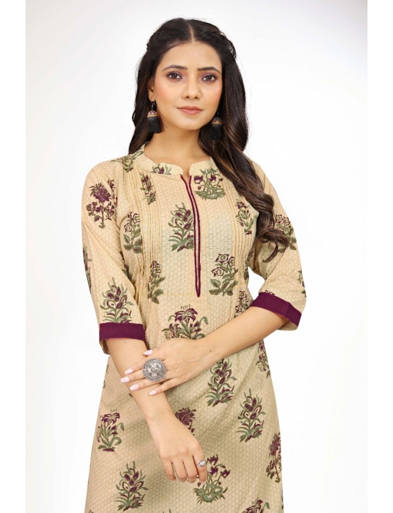 Cream rayon straight with stand collar kurti pant