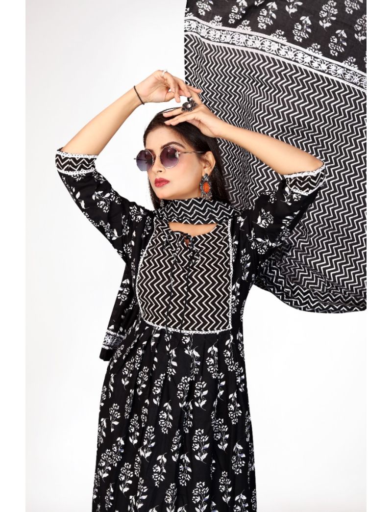 Black jaipur cotton anarkali kurti pant with dupatta floral print