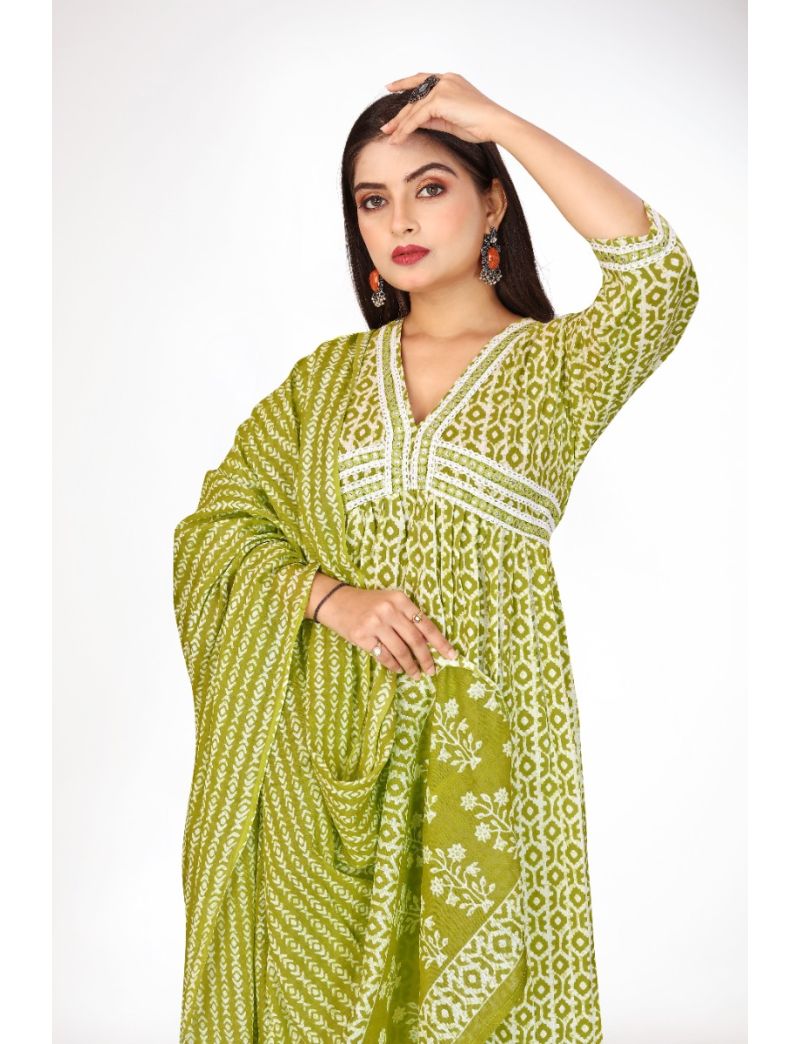 Green jaipur cotton anarkali kurti pant with dupatta