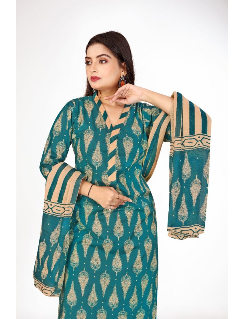 Teal jaipur cotton straight cut kurti pant with dupatta