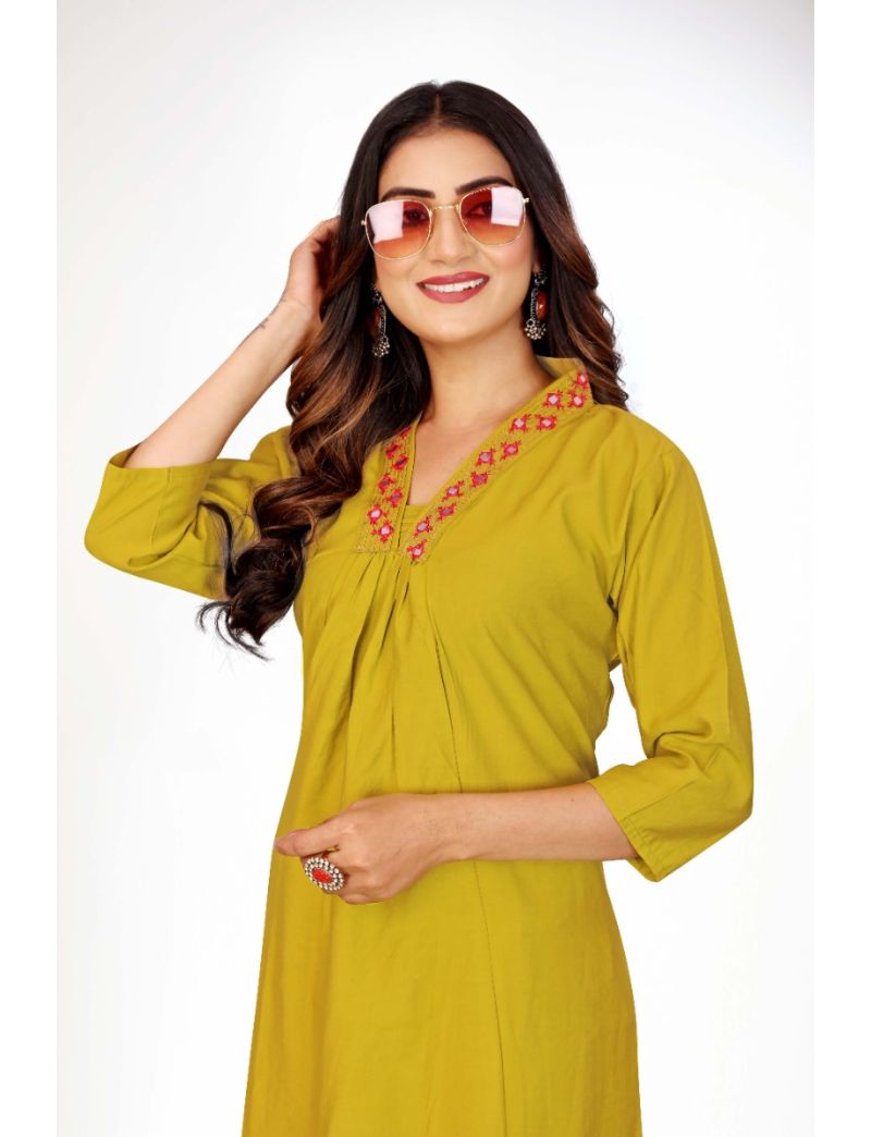 Green straight cut kurti pant with hand embroidery 