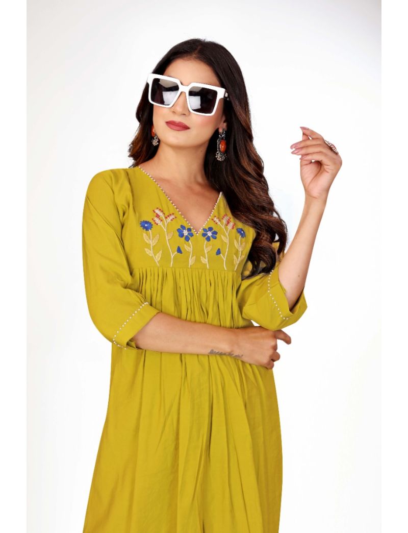 Green straight cut kurti pant with embroidery 
