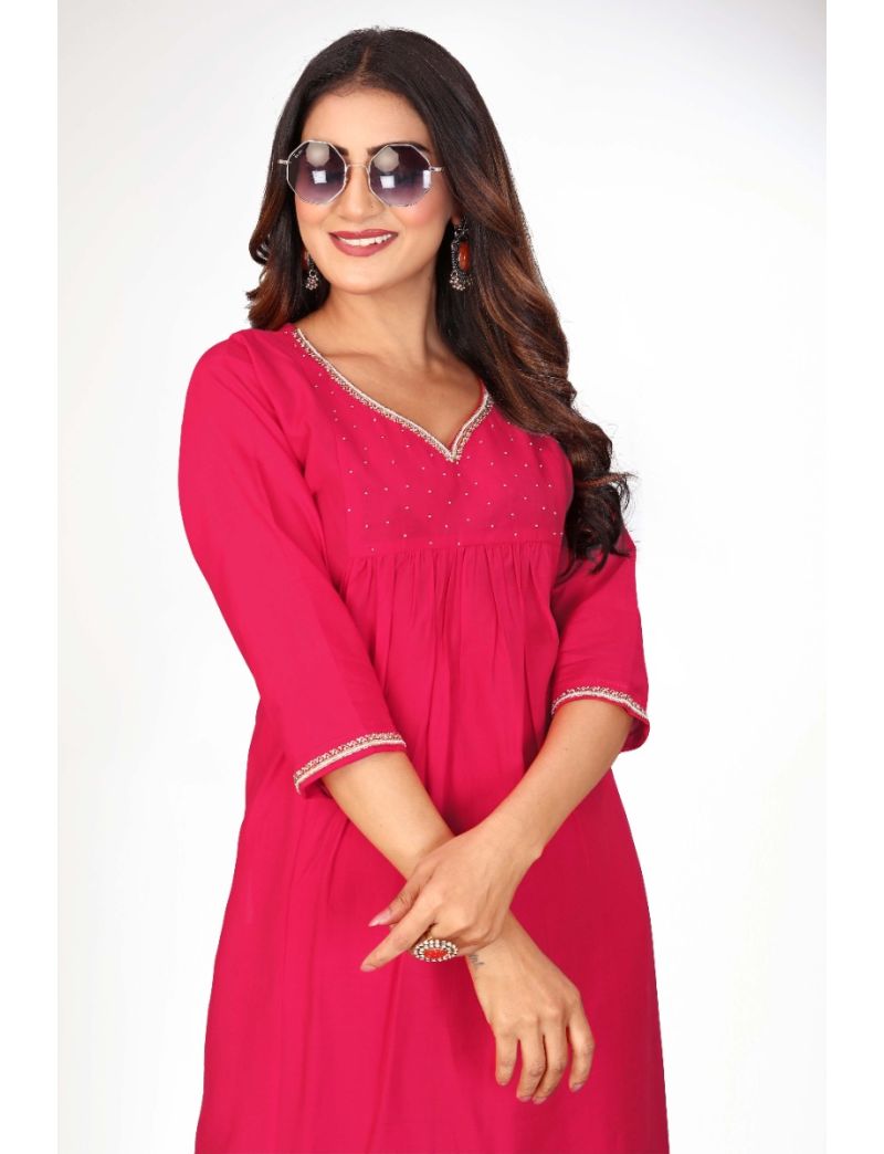 Pink straight cut kurti pant with embroidery 